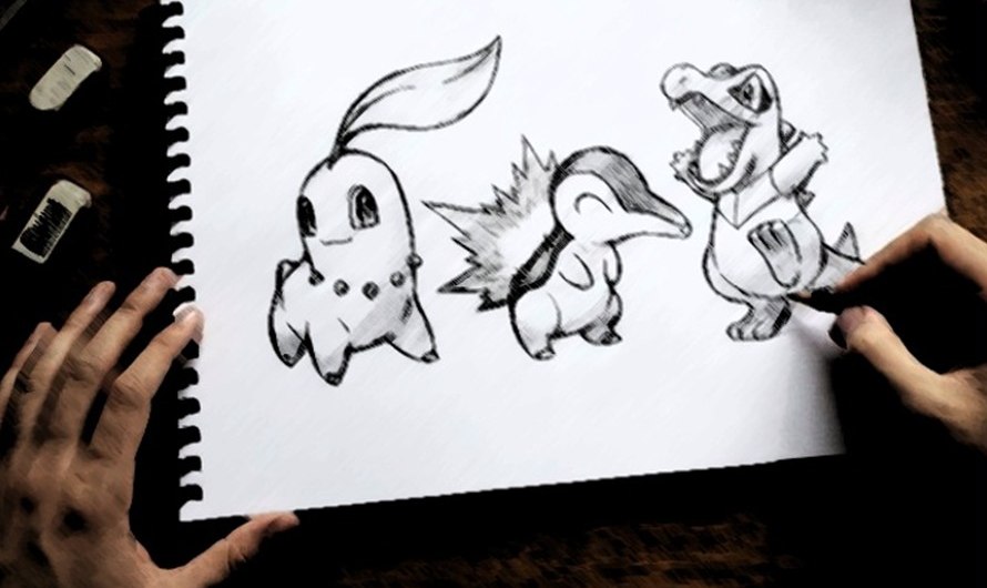 Desenho a carvão vegetal de Pokémon, referência para o workshop